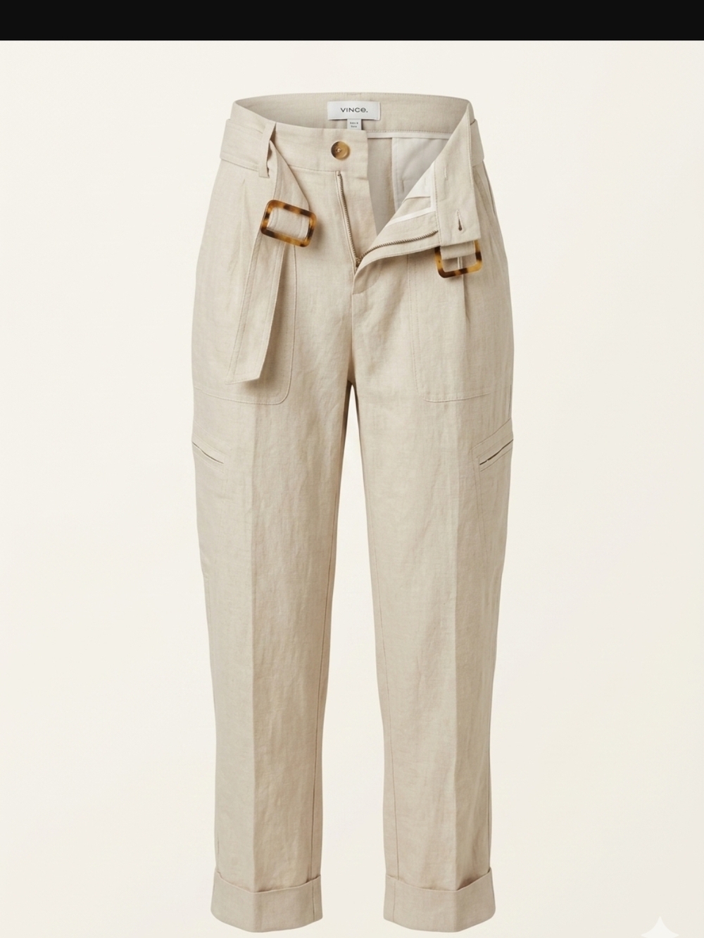 Vince Natural Linen Paperbag Waist Trousers with Tortoiseshell Buckles